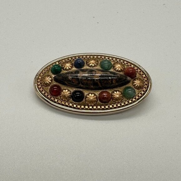 Michal Golan 1.5" Oval Brooch Pin Pendant Gold Tone Goldstone Jasper Aventurine - Picture 9 of 9